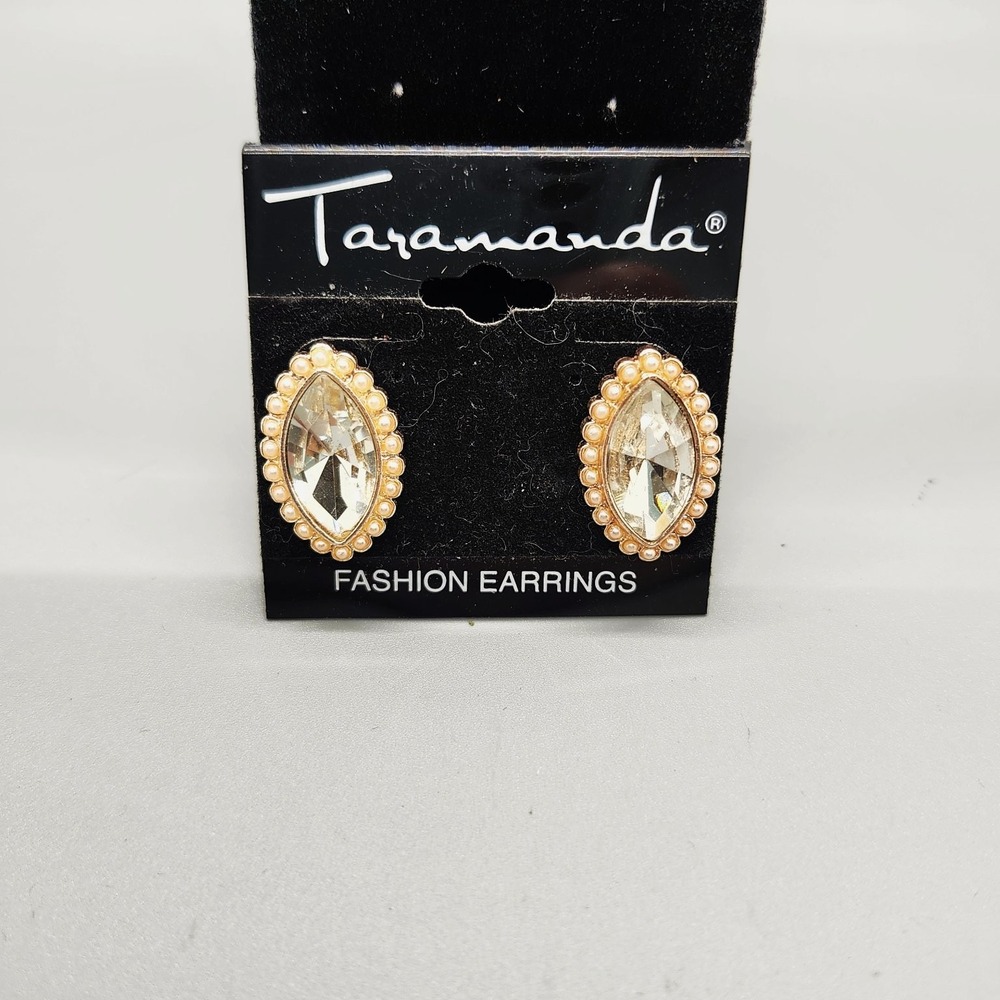 Taramanda Marquise Clear Stone Faux Pearl Stud Earrings ~1" Long Gold Tone